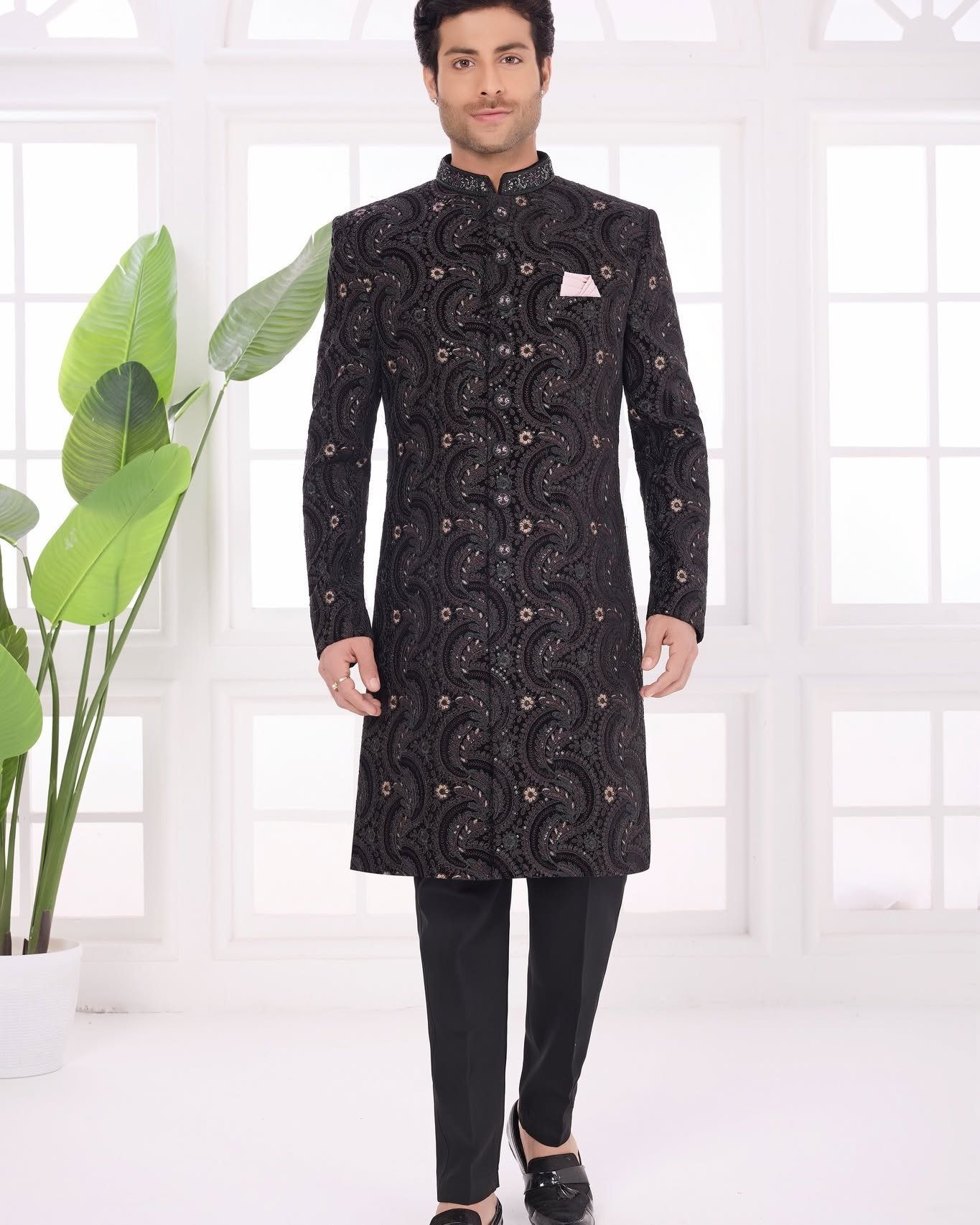Elegance meets modern royalty with this stunning Black Designer Jacket Set for Men
